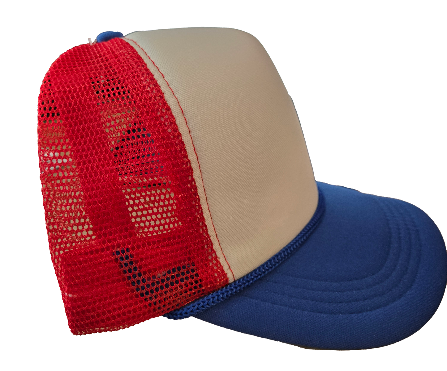 Foam trucker hat - red mesh, white front, blue bill